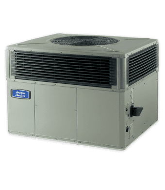 tan square outdoor gold 15 packaged heat pump system with a large fan built into the top