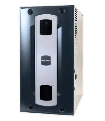 gas furnace with a black front piece containing a white panel with the American standard logo