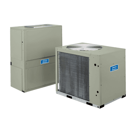 Odyssey split-system light commercial product with metal box and blue American Standard logo.