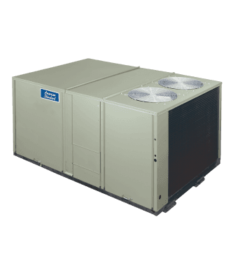 gray rectangular packaged hvac unit, with 2 large fans embedded in the top