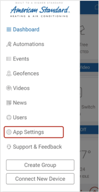 A red box highlights the App Settings area of theAmerican Standard Home App.