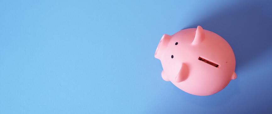 A pink piggy bank is featured against a blue background.