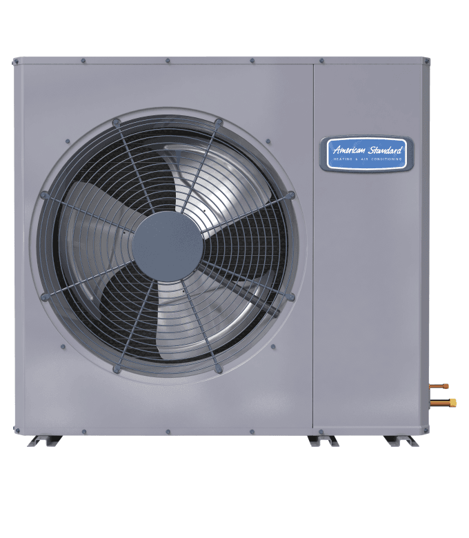 A dark gray low profile heat pump with blue American Standard logo and black feet.