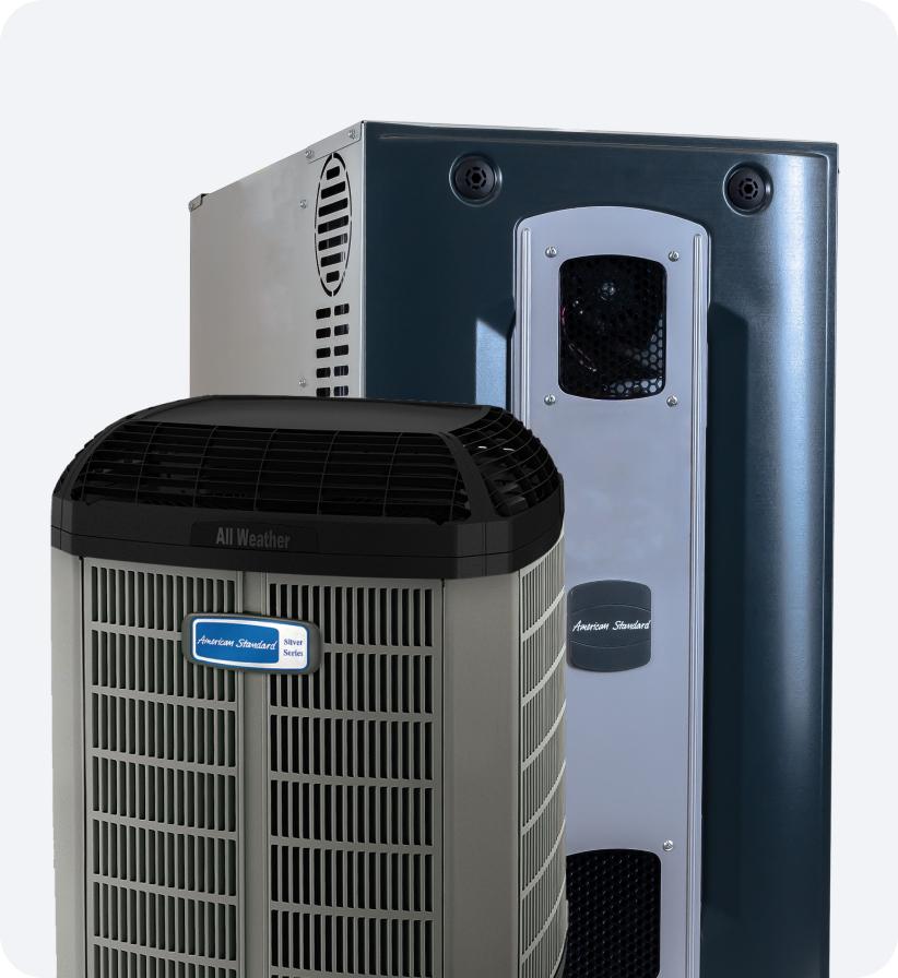 Two HVAC units consisting of a hybrid system, including a black rectangular furnace and an ac unit.