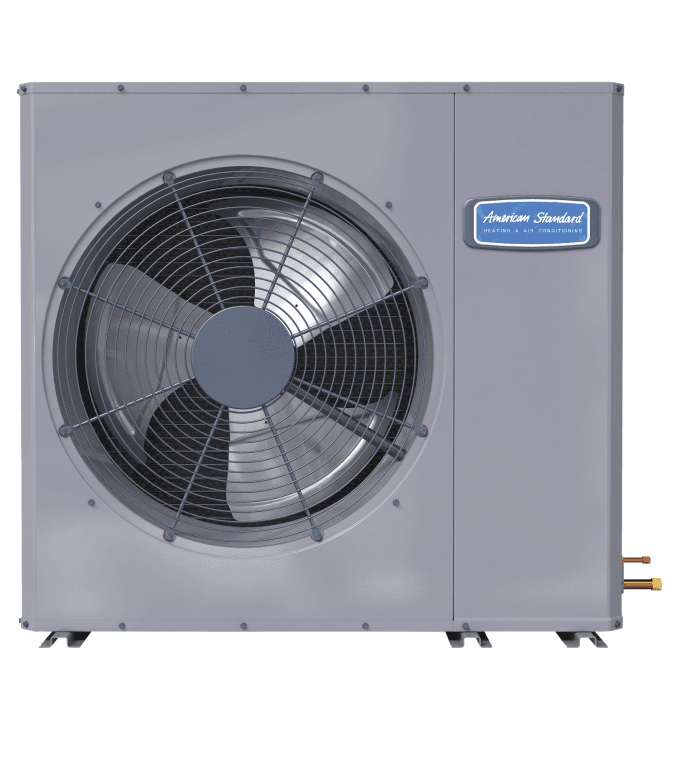 A gray low profile heat pump with blue American Standard logo.