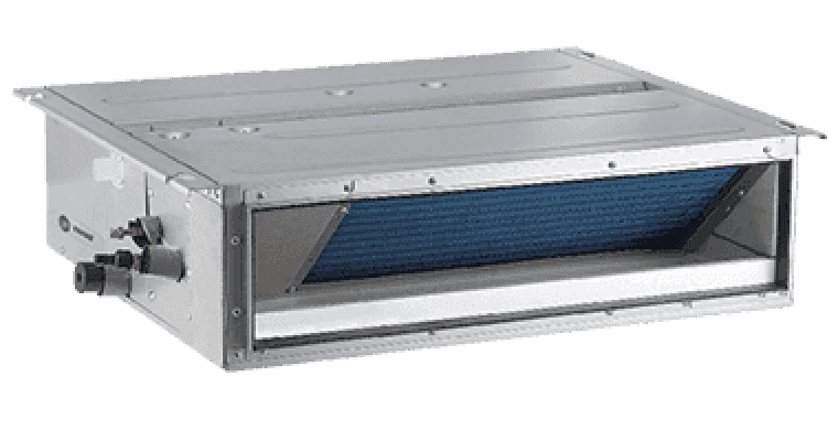 Concealed indoor HVAC unit with gray metal exterior.