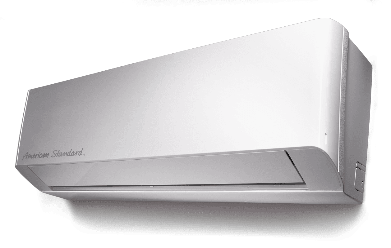 A white ductless wall mounted HVAC unit.
