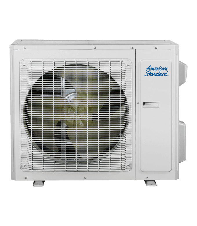An outdoor ductless heat pump unit with white box and single fan.