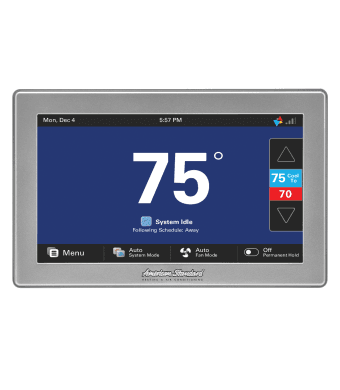 A sleek smart thermostat control with slim gray box and dark blue digital display with manual and smart thermostat control capabilities.