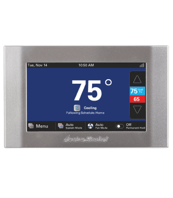 A smart thermostat control unit with light gray surround and dark blue digital display.