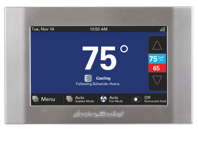 A Gold 824 smart thermostat control unit displaying a temperature of 75 degrees.