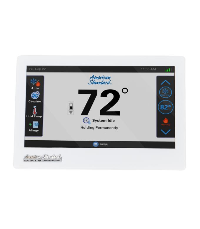 A UX360 smart thermostat with white display, digital on-screen touch elements and large black text.