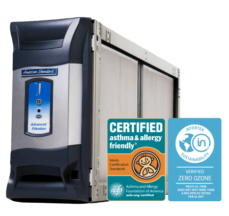 An AccuClean whole home air cleaner that is certified allergy and asthma friend, and verified zero ozone.