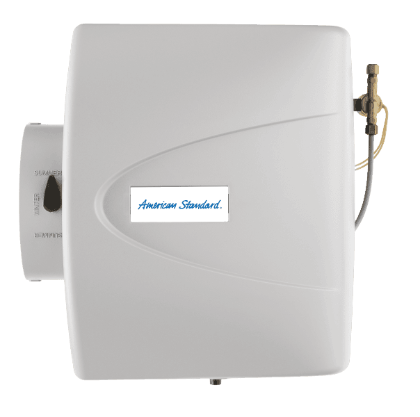 A large beige-gray humidifier with gold fixtures and a blue American Standard logo.