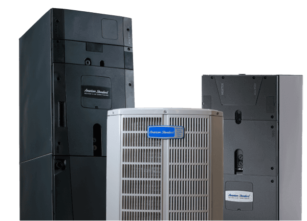 A group of American Standard products including an AC unit, furnace and air handler