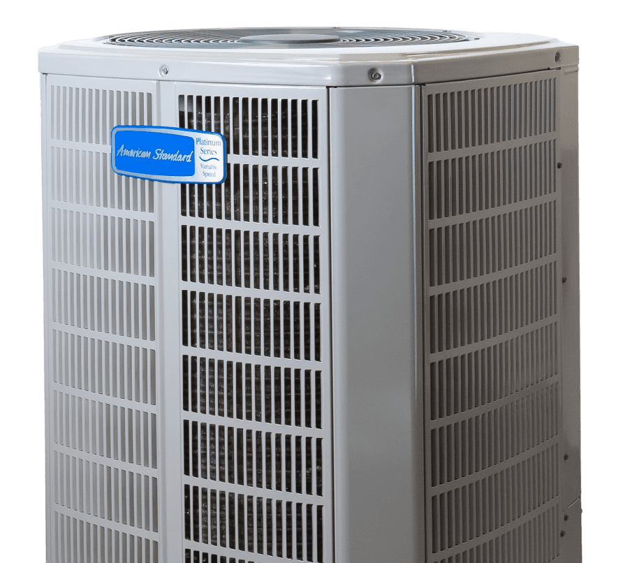 An outdoor AC unit with blueAmerican Standard logo.