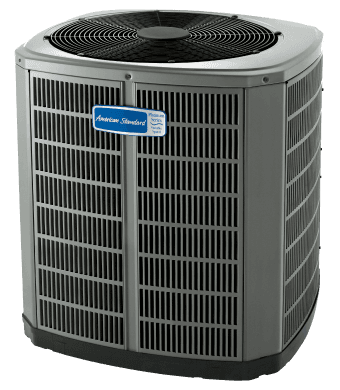 Gray rectangular outdoor air conditioner with a blue American Standard logo on the front.