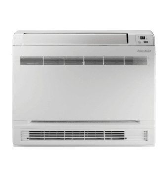 square white floor mounted heat pump with lines of metal grates near the top and bottom of the front panel