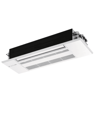black rectangular heat pump, with a large thin white panel on the bottom