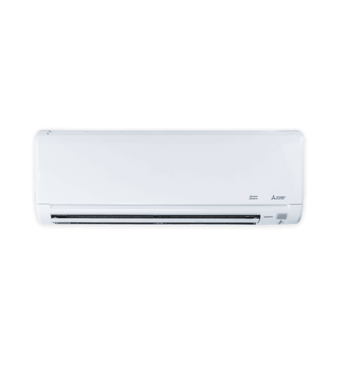 Thin white rectangular high efficiency heat pump with a rectangular open on the bottom right of the front panel