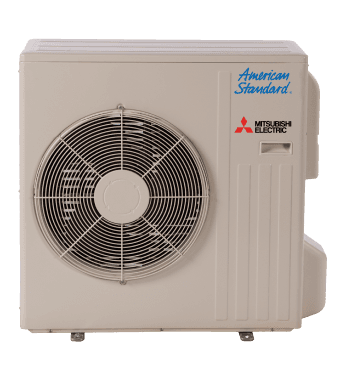 tan square outdoor heat pump with a large fan on the front and the american standard logo on the top right
