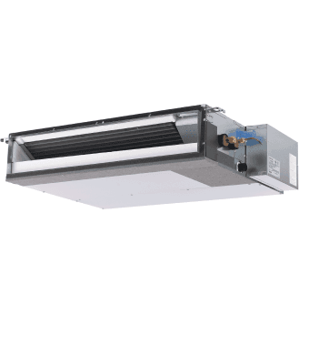 white thin rectangular heat pump with a metal duct on the front side