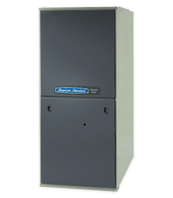 A tall rectangular gas furnace with a gray front cover and the American Standard logo centered on the front.