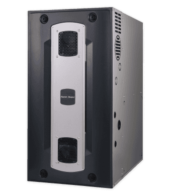 black rectangular "platinum s8v2-c" gas furnace with a white front panel containing the American Standard logo