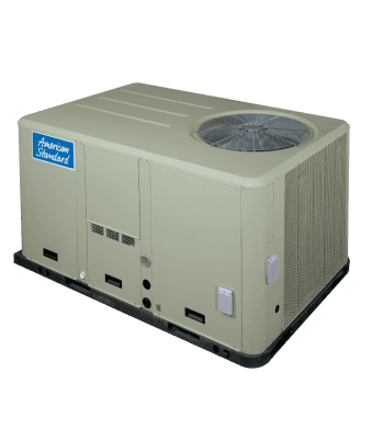 tan rectangular precedent packaged unit with a large fan on top and the american standard logo on the front