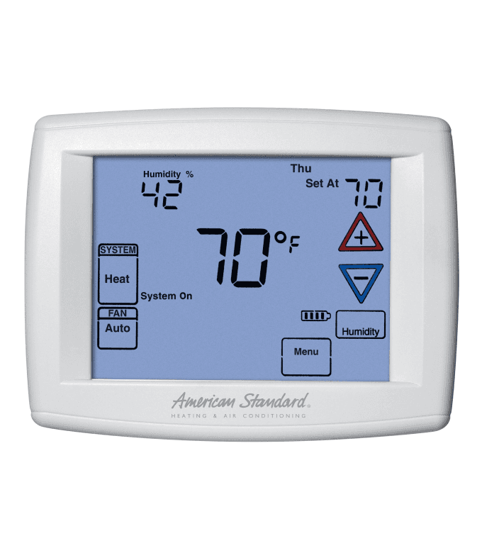 Silver 302 Thermostat Control with white plastic frame and blue digital touch screen control.