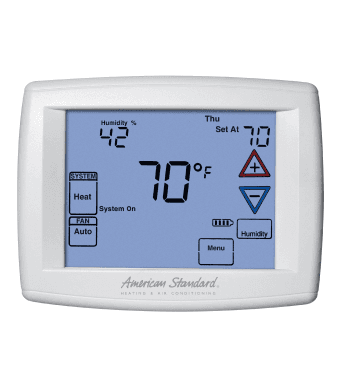 A traditional thermostat control with a blue digital touch screen display.