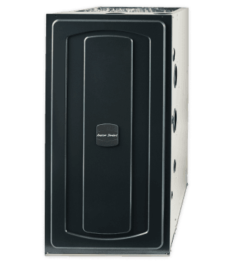tan rectangular "silver s8x1" gas furnace with a black front panel containing the American Standard logo