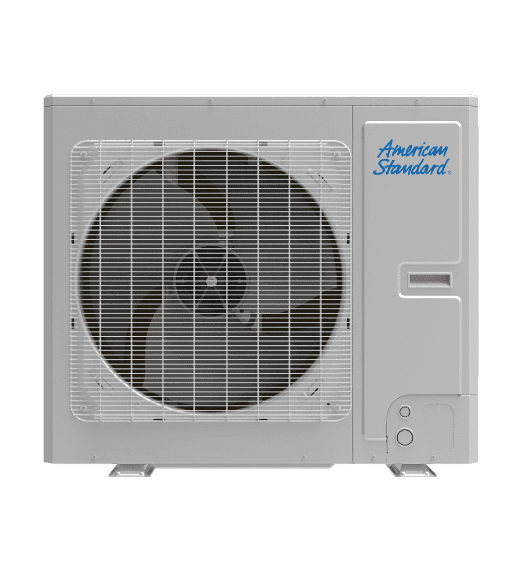 A single-zone heat pump with gray plastic and a blue American Standard logo.