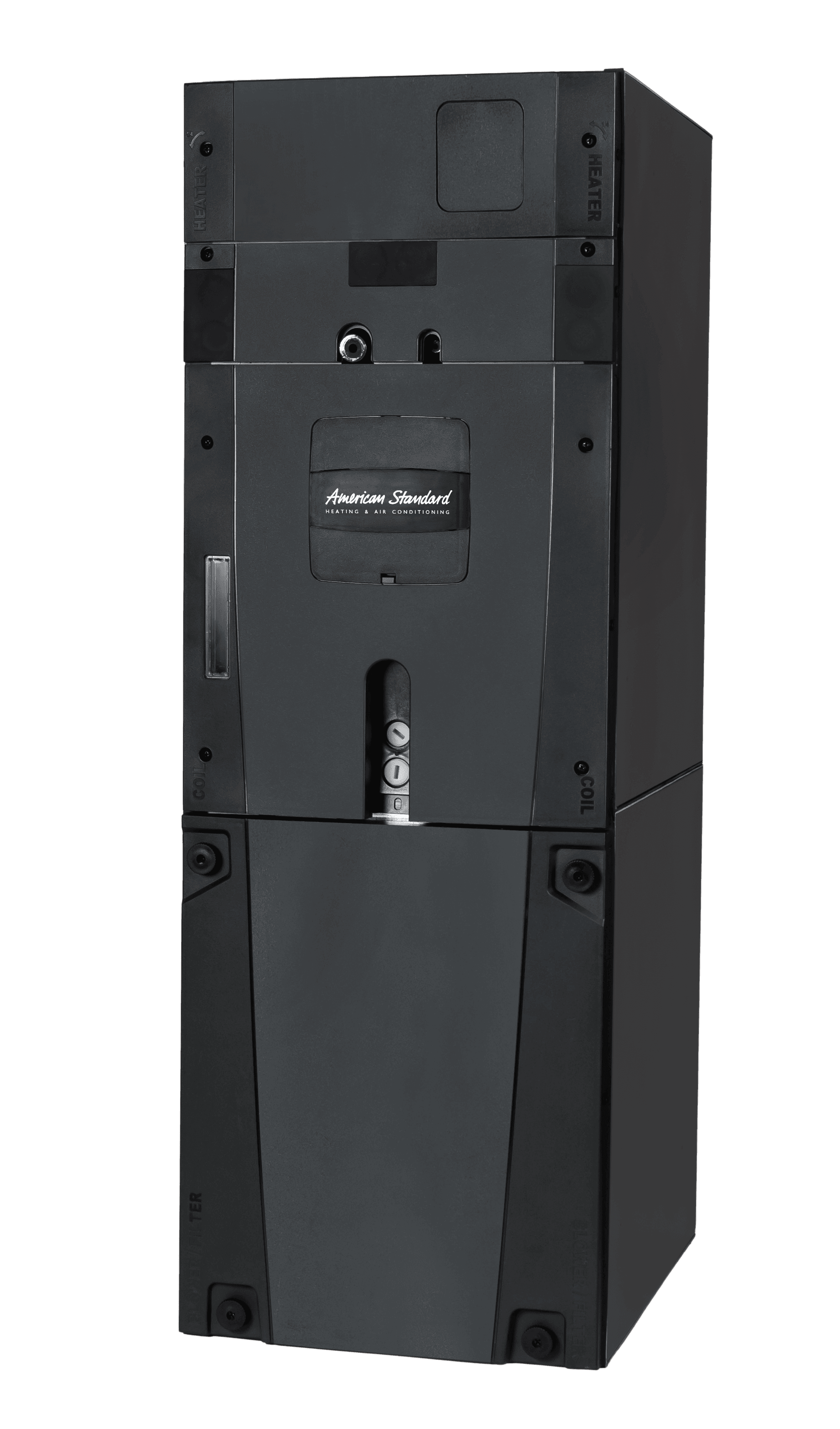 Tall, dark-gray air handler with white American Standard logo