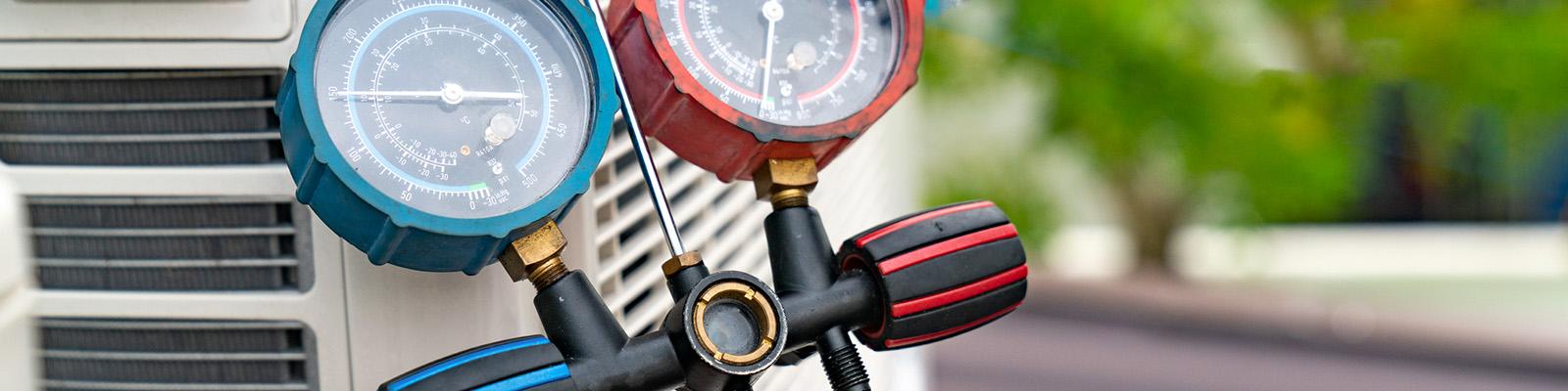 Closeup of HVAC Refrigerant Gauges.