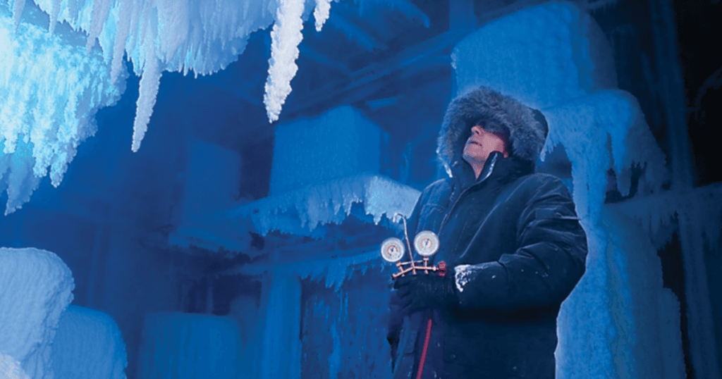 A man is testing a cold climate heat pump in a SEET lab.